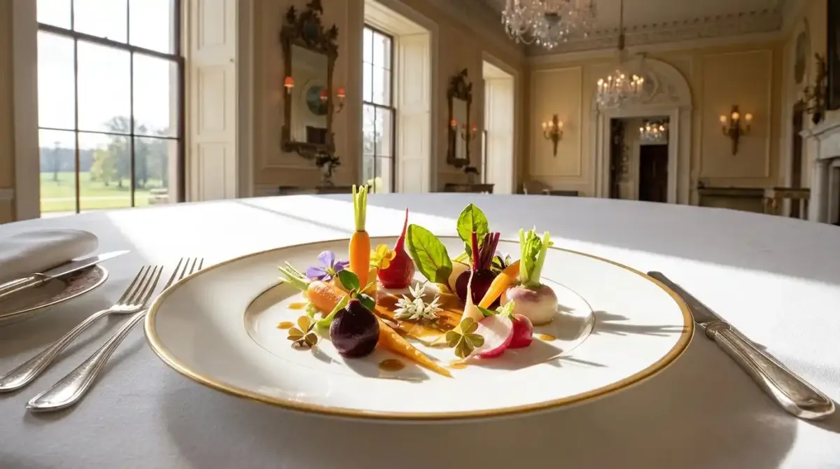 A gourmet garden-to-table dish served in the opulent dining room at Ballyfin Demesne.