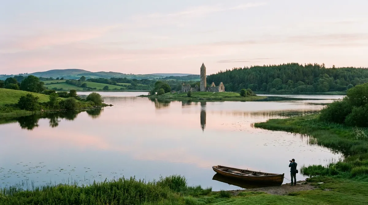 Serene view of Lough Erne with Devenish Island in the distance, Fermanagh Lakelands