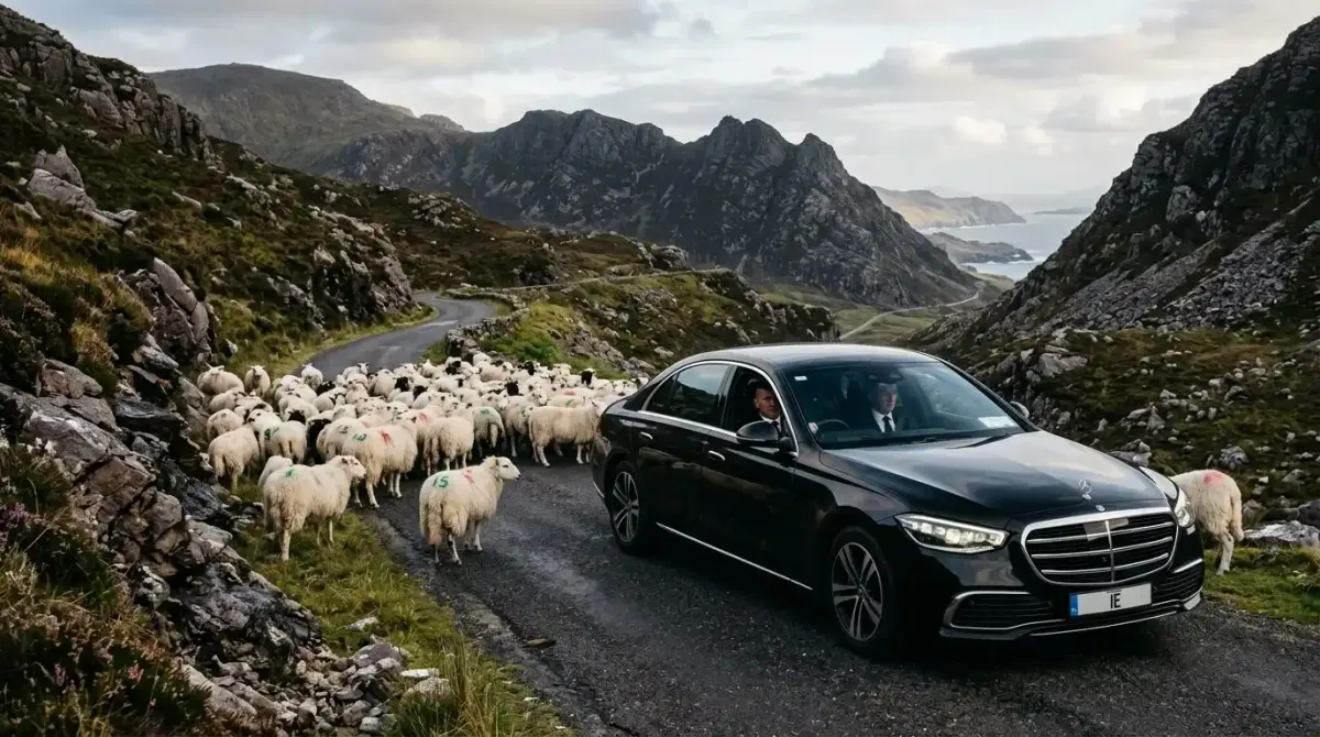 A private chauffeur-driven Mercedes navigating the narrow mountain roads of Donegal.
