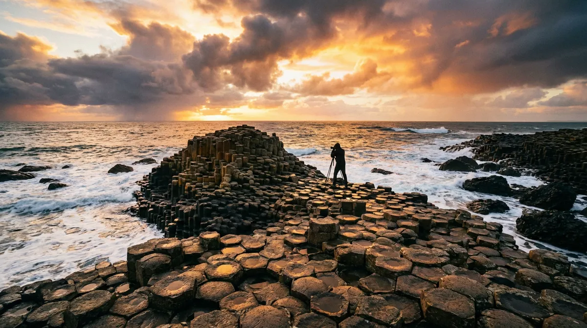 Giant's Causeway basalt columns at sunrise.