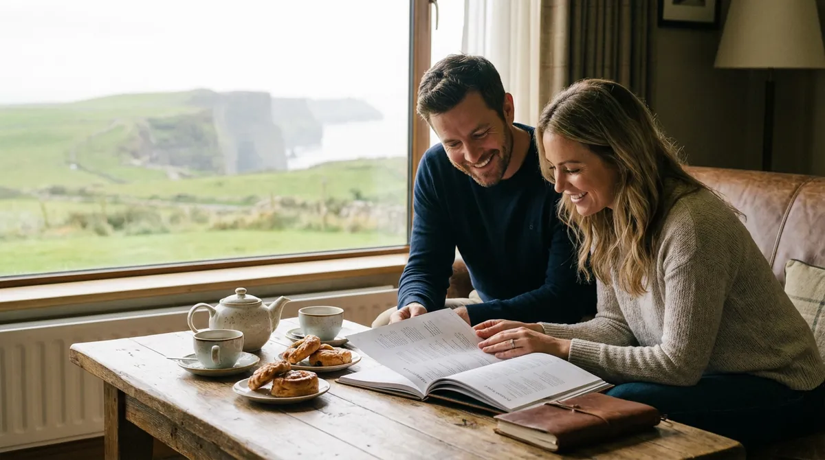 Couple reviewing a custom travel itinerary with an Irish landscape visible in the background