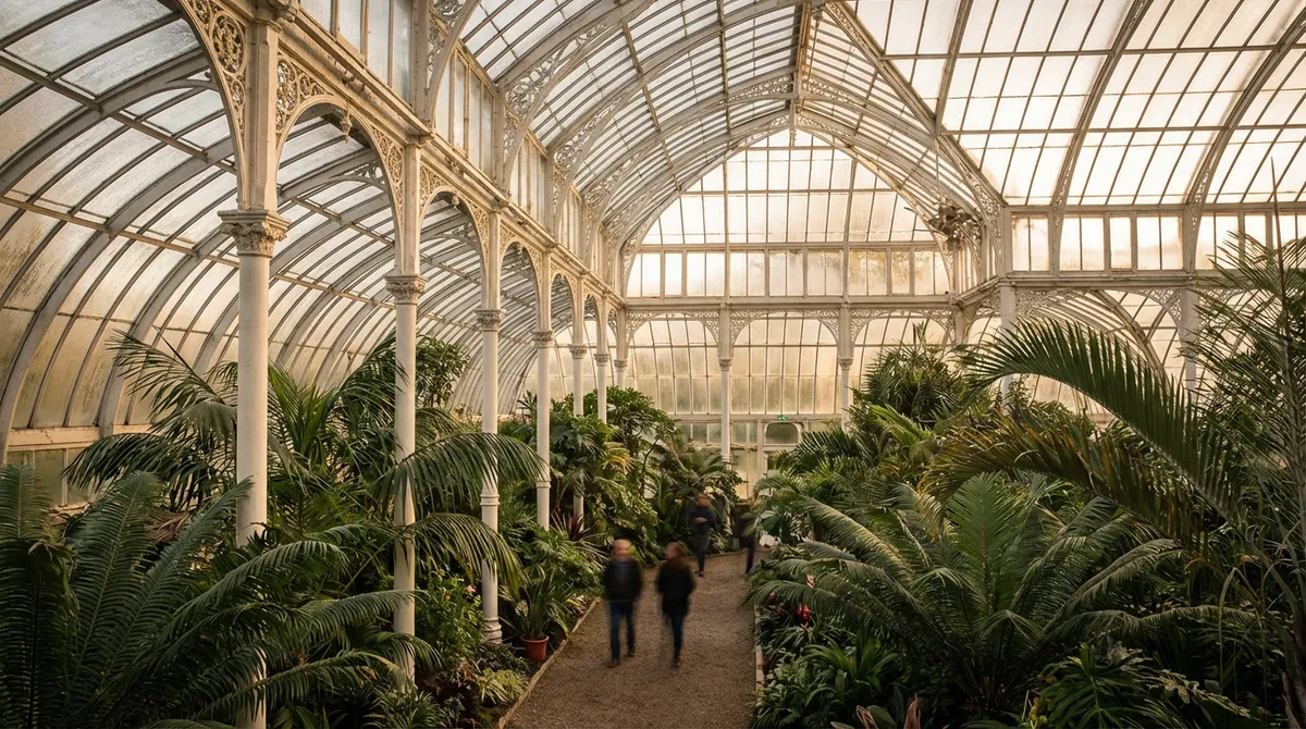 Inside the historic Palm House at Belfast's Botanic Gardens with tropical plants.
