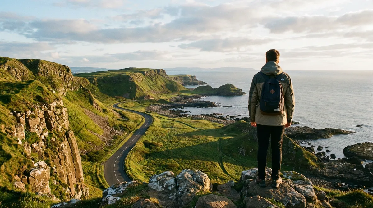 Traveler overlooking the expansive Causeway Coastal Route, symbolizing expert guidance and discovery