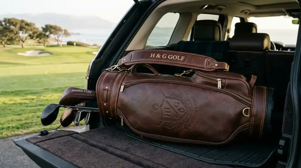 A premium leather golf bag resting inside a spacious transport vehicle during an elite custom Irish tour.