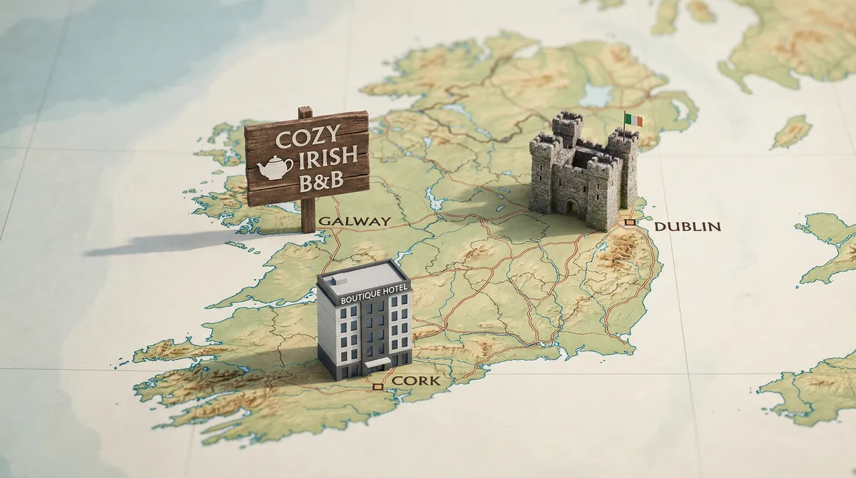 Map of Ireland with icons for castles, B&Bs, and boutique hotels