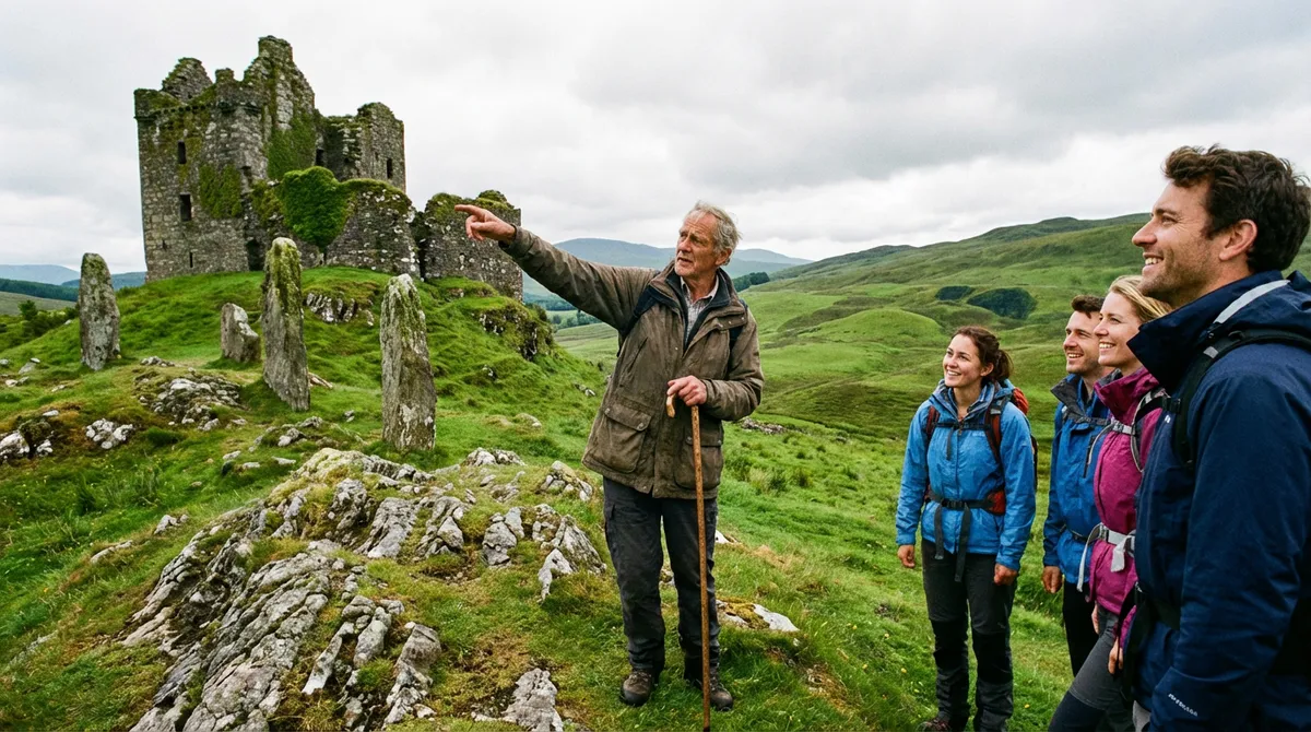 A local guide pointing to a castle ruin, explaining its history to a small group of attentive travelers in a green landscape.