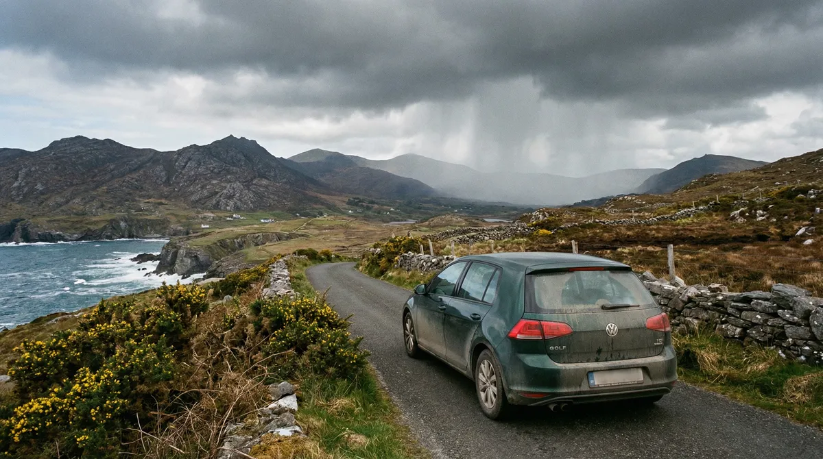 Modern rental car on a remote road in rugged Irish landscape