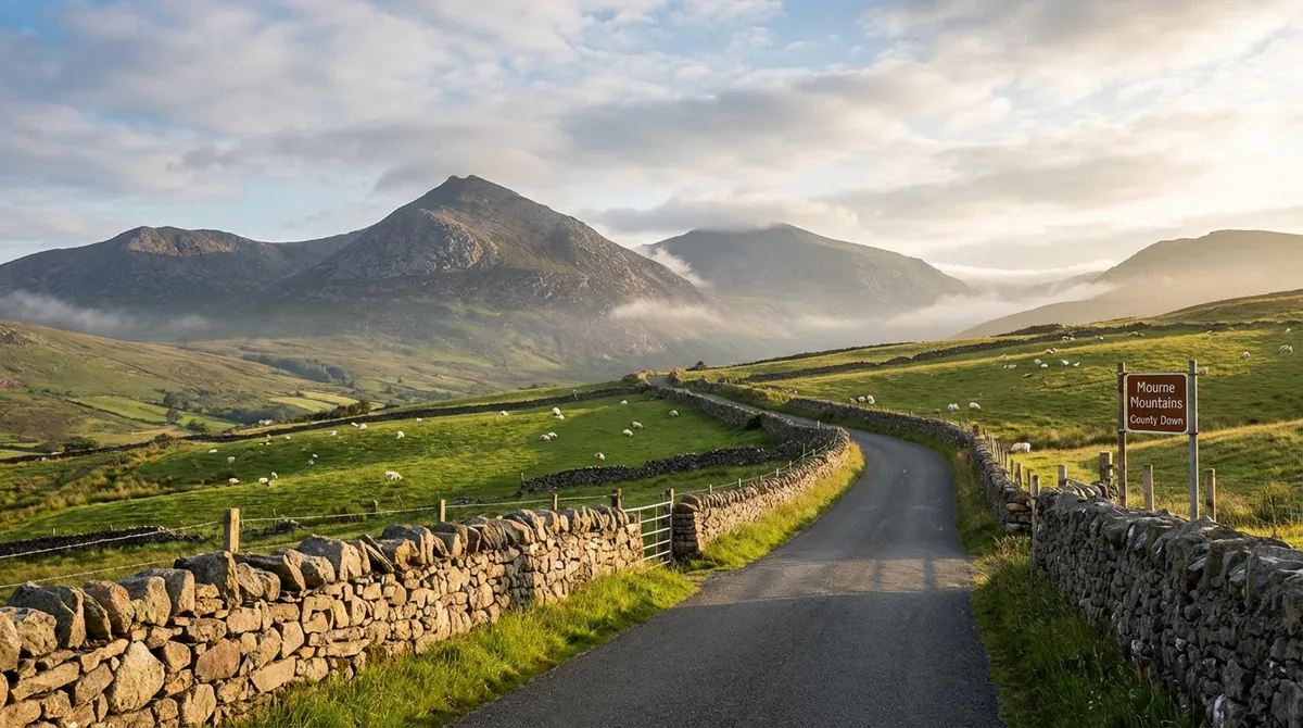 Scenic view of the rolling green Mourne Mountains with stone walls and a winding road.