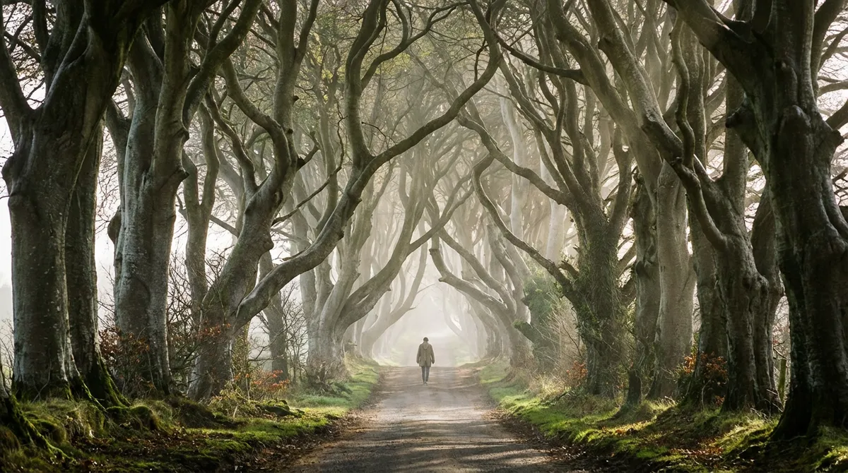The iconic Dark Hedges avenue with intertwined beech trees forming a natural tunnel, light filtering through the leaves.