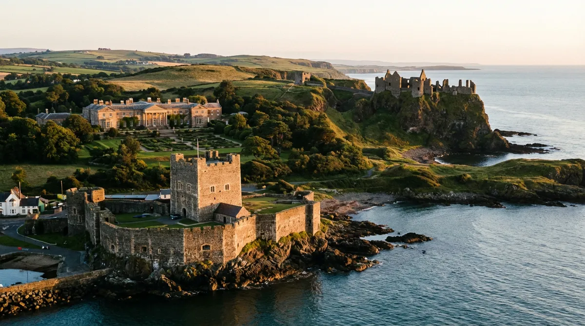 Three distinct castles in Northern Ireland: a Norman fortress, a royal residence, and a coastal ruin, set within their landscapes