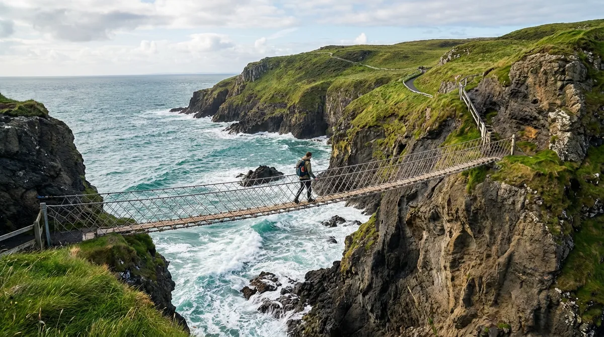 Person crossing the Carrick-a-Rede Rope Bridge on the Causeway Coast of Northern Ireland