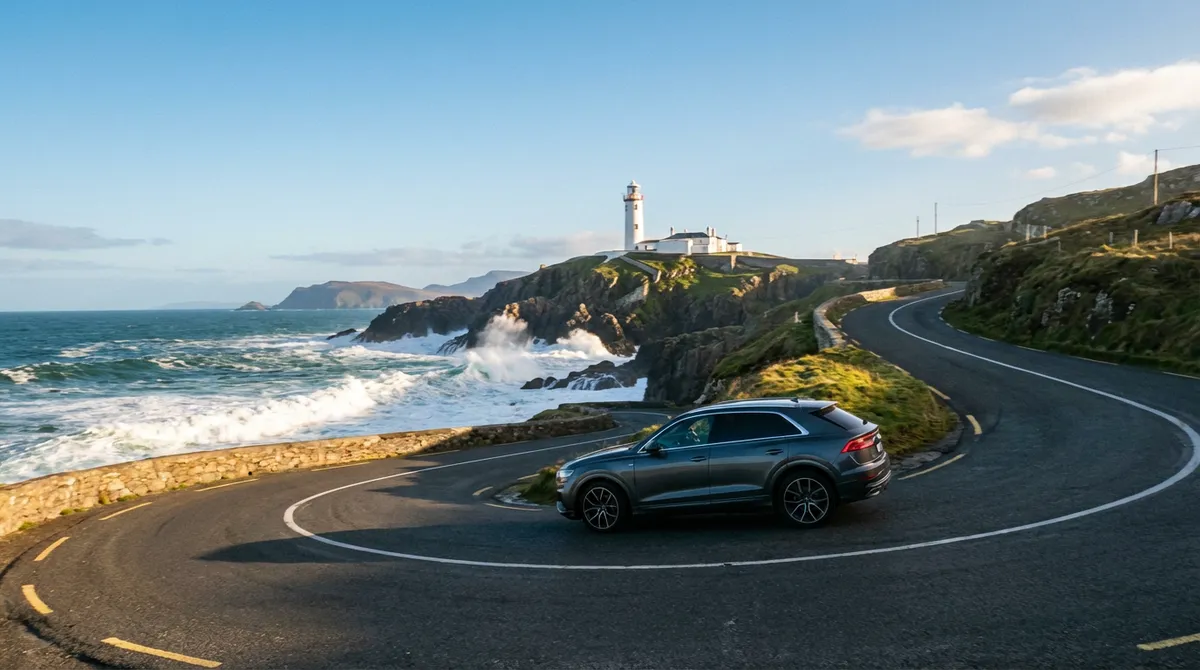 Modern car driving on a scenic coastal road of the Wild Atlantic Way