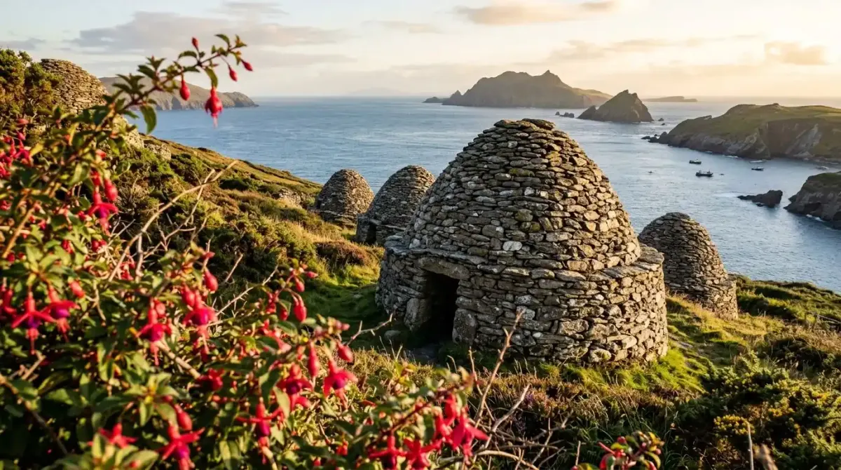 Ancient early Christian beehive huts discovered along a remote walking path on the Dingle Peninsula.