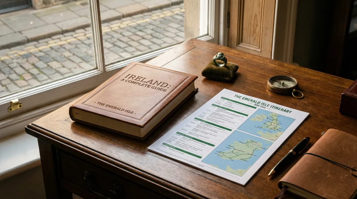 Travel desk with a detailed itinerary, travel guide, and Irish souvenir, symbolizing expert planning