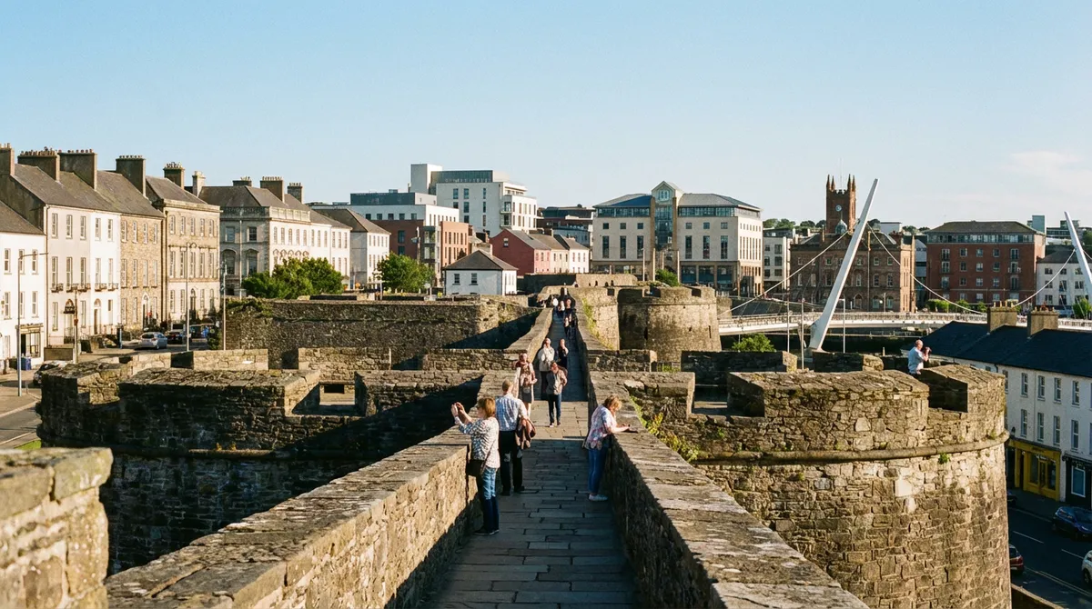 People walking on the ancient city walls of Derry/Londonderry with city views.