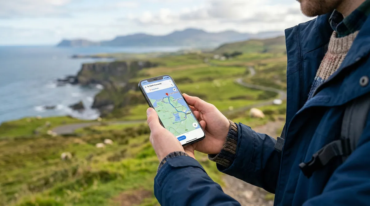Person using a smartphone navigation app for a self-drive tour in Northern Ireland