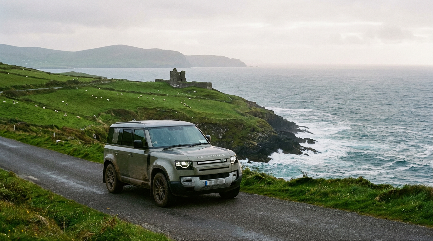A modern commercial car driving on a coastal road in County Kerry, Ireland, with green hills and the Atlantic Ocean.