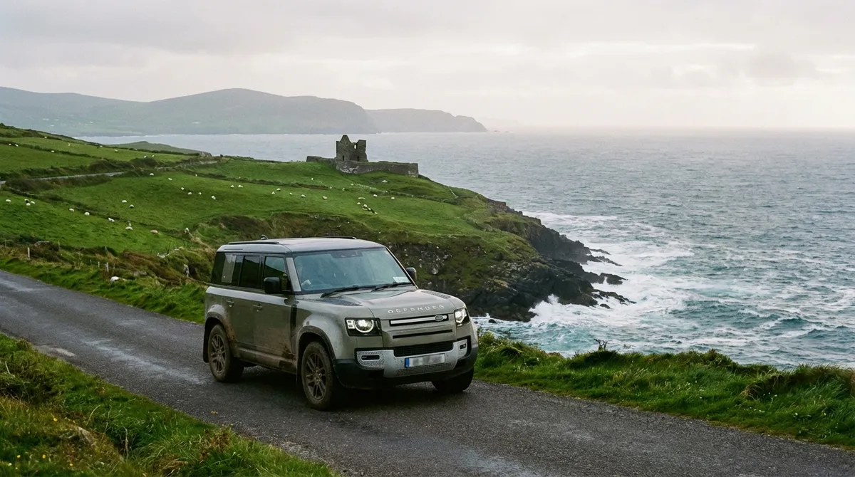A modern commercial car driving on a coastal road in County Kerry, Ireland, with green hills and the Atlantic Ocean.