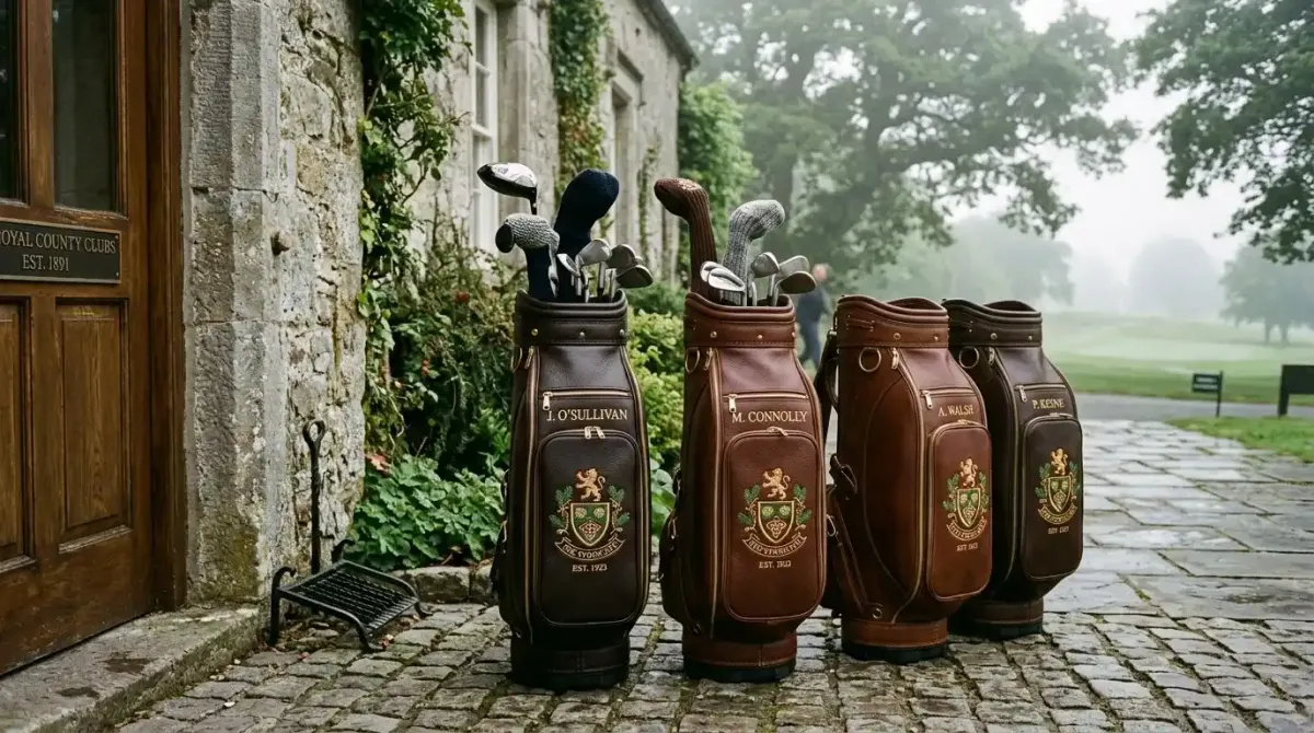 A matching set of luxury leather golf bags resting outside a historic Irish links clubhouse.
