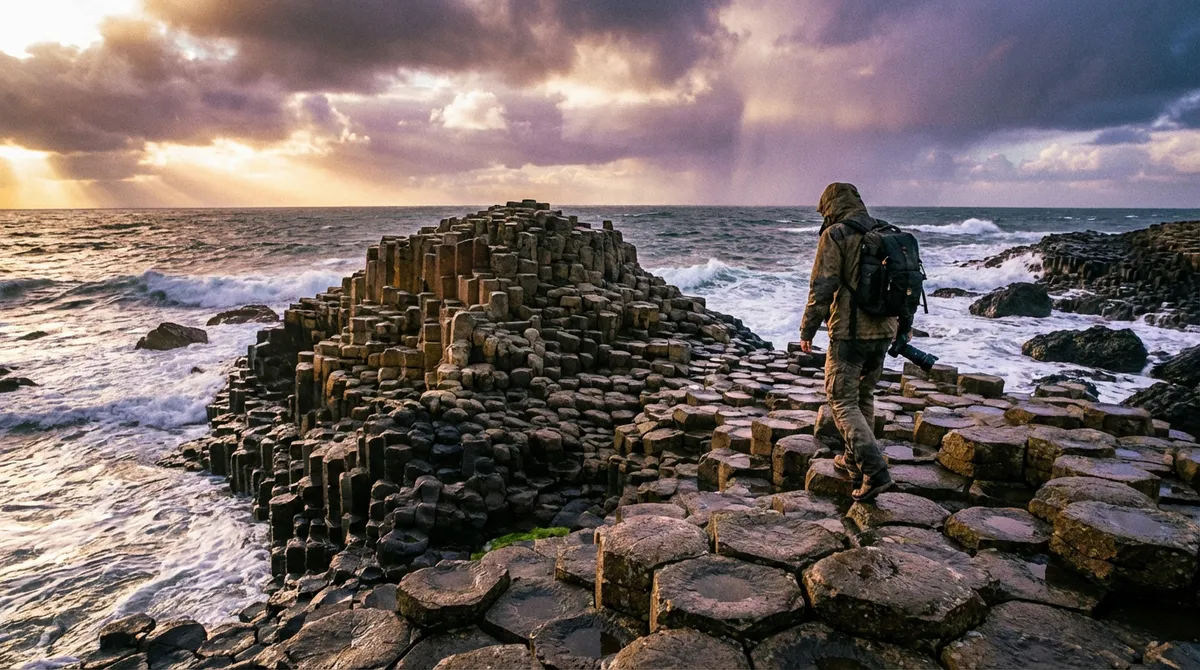 Close-up view of the hexagonal basalt columns of the Giant's Causeway with a person walking on them.