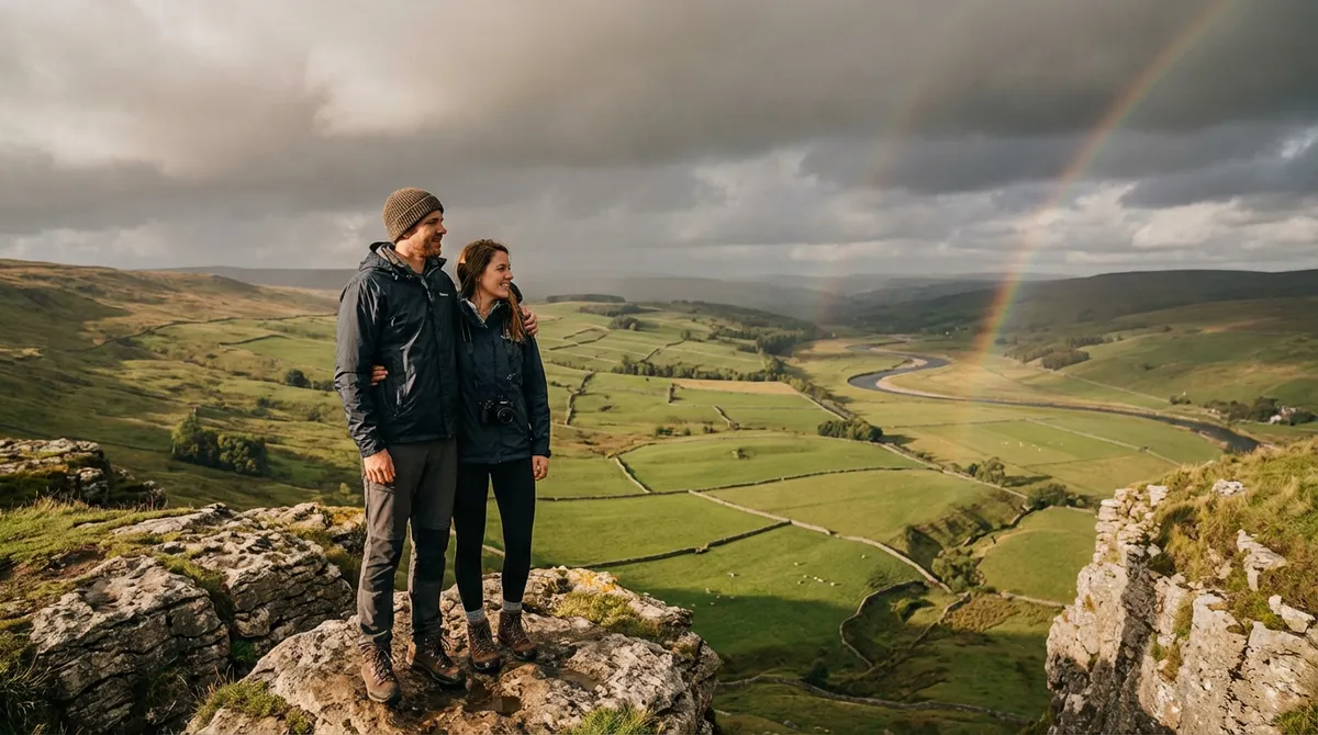 Couple admiring a breathtaking panoramic view of the Irish countryside.