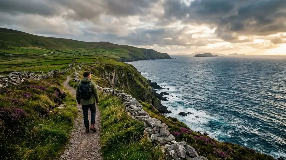 A premium traveler enjoying a spectacular coastal cliff walk on a custom luxury walking tour on the Dingle Peninsula, Ireland.