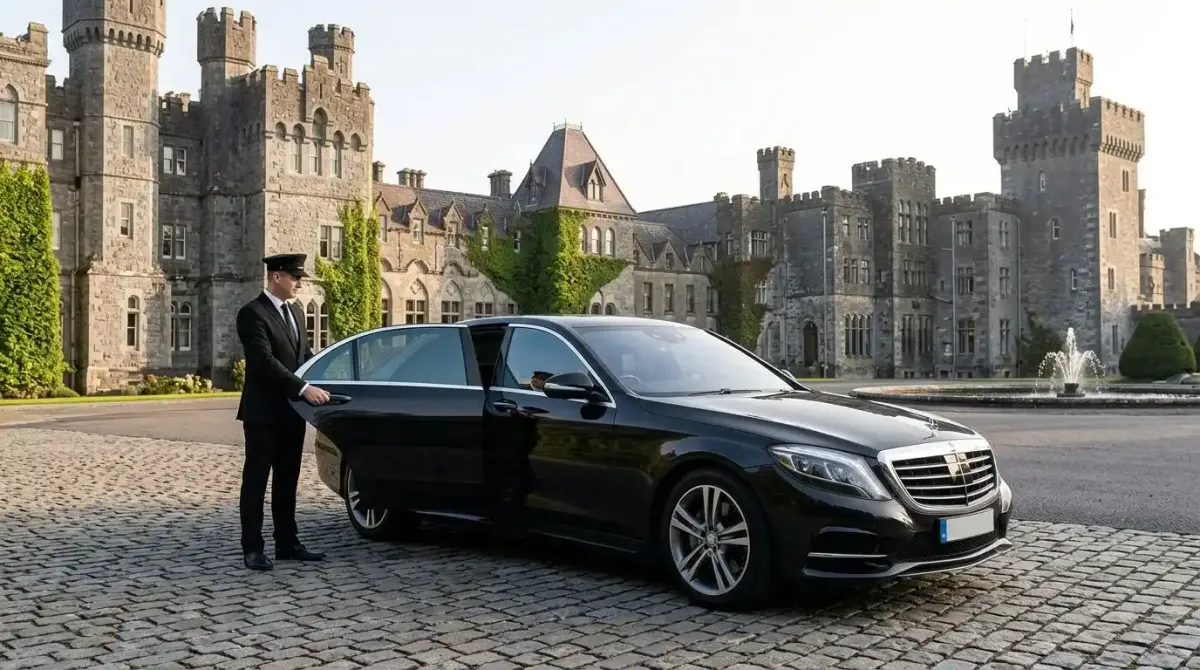 A private chauffeur-driven Mercedes awaiting guests in the Ashford Castle courtyard.