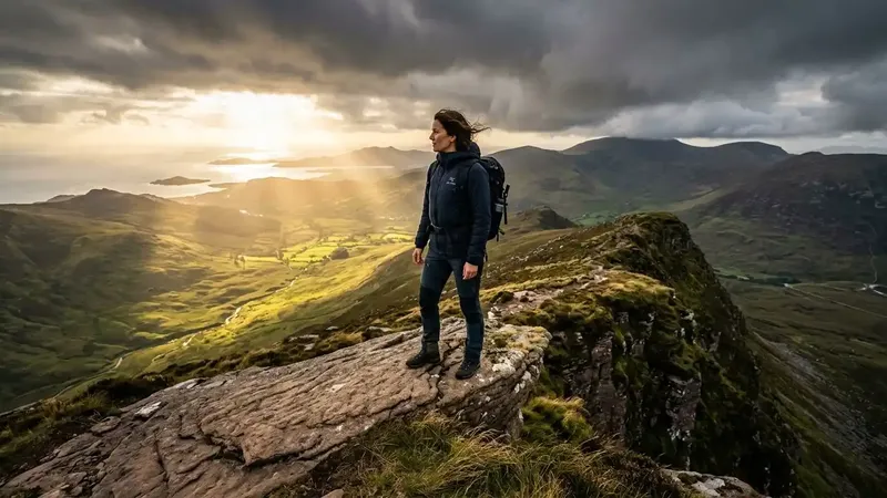 A premium hiker surveying the dramatic coastal mountain ridges of Kerry on a custom luxury hiking trip in Ireland.
