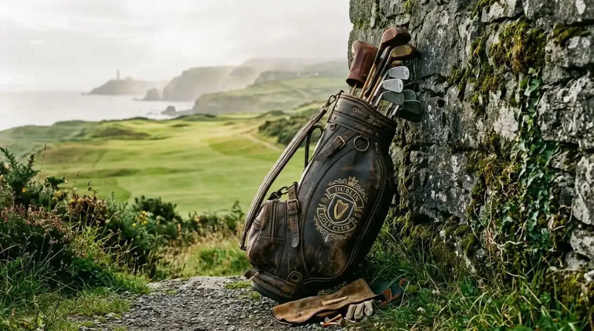 A luxury leather golf bag resting against a historic stone wall on an exclusive Irish links course.