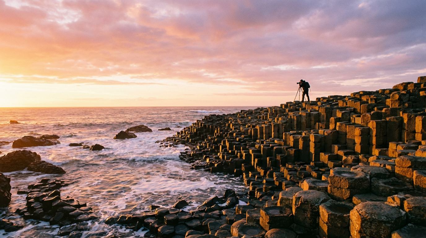 Giant's Causeway basalt columns at sunrise with golden light and dramatic sky