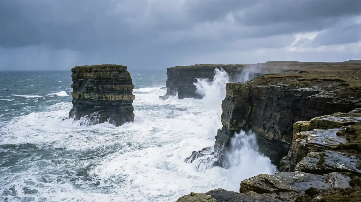 Dramatic sea stacks and rugged cliffs along the Wild Atlantic Way, showcasing Ireland's untamed coastal beauty.