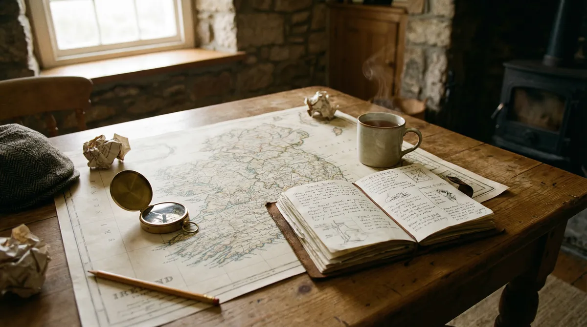 A detailed map of Ireland, a compass, and a travel journal on a wooden table, symbolizing meticulous trip planning.