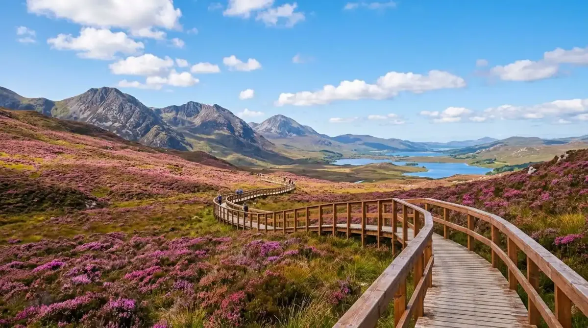 A premium wooden boardwalk walking trail crossing a remote mountain valley in County Donegal.