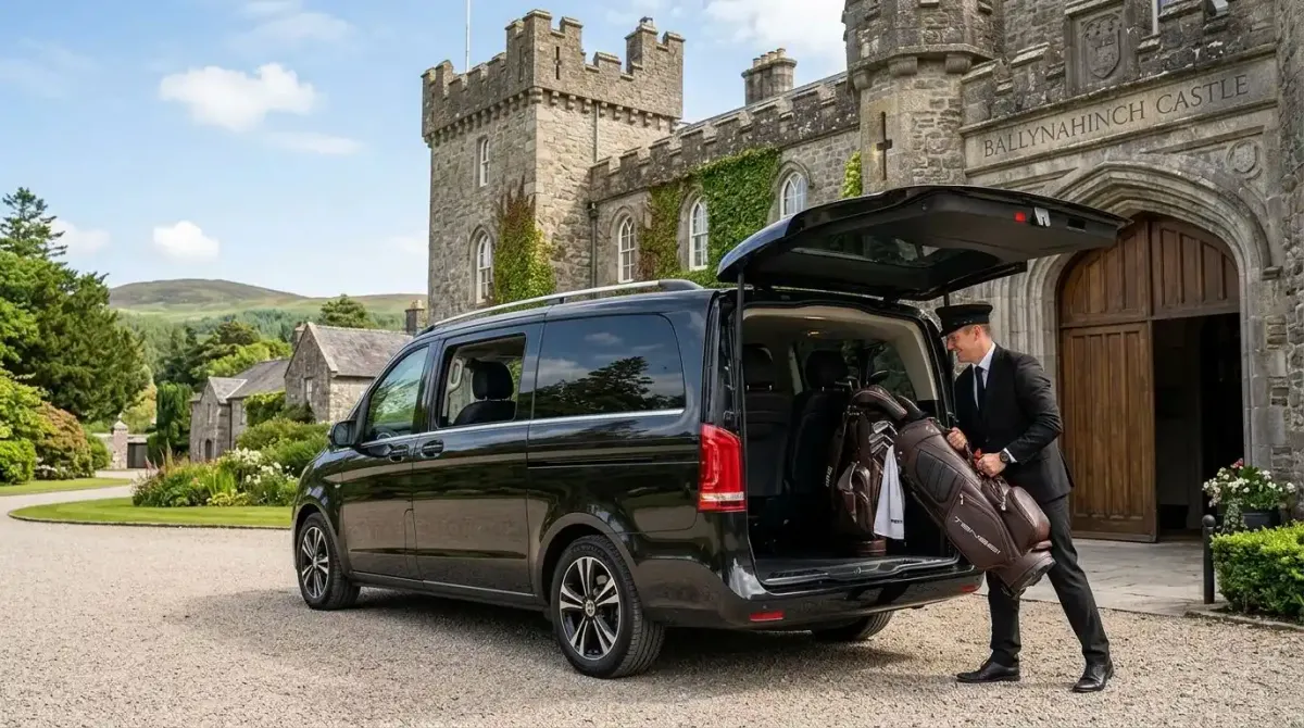 An elite private chauffeur vehicle being loaded with premium golf equipment outside an exclusive Irish estate.