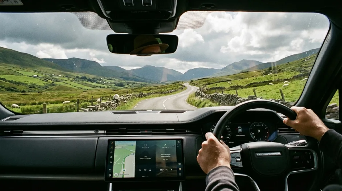 Open rural road in Ireland, seen from a car, surrounded by green hills