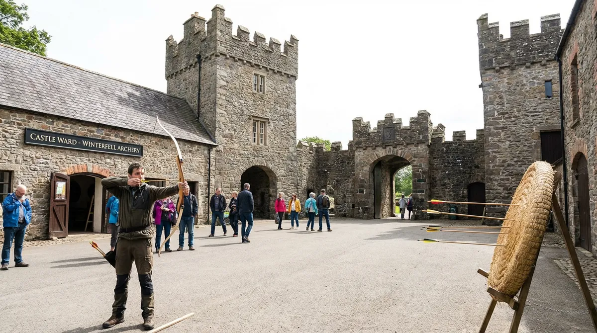 Castle Ward courtyard, known as Winterfell, with medieval architecture and archery