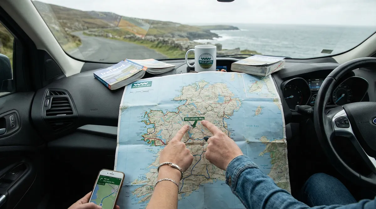 Hands tracing a self-drive route on a map of Ireland, planning an adventure