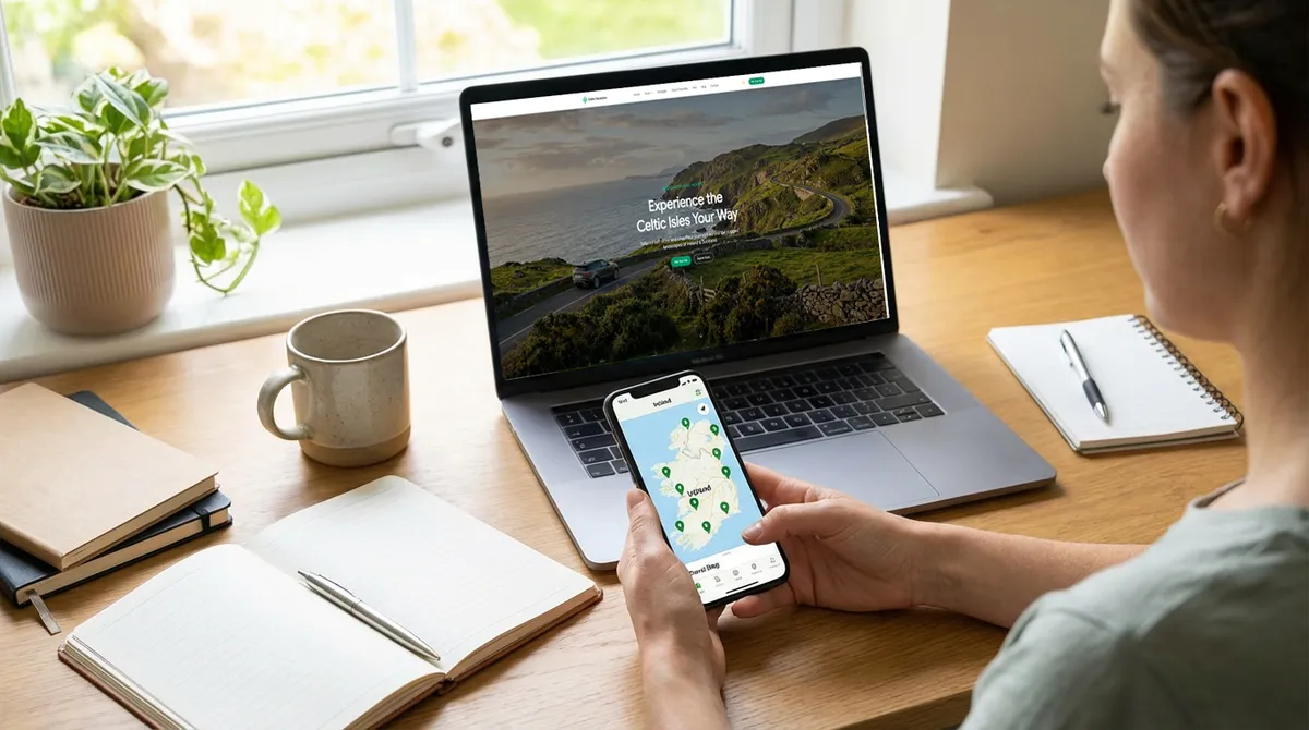 Person planning an Ireland self-drive trip using digital tools.