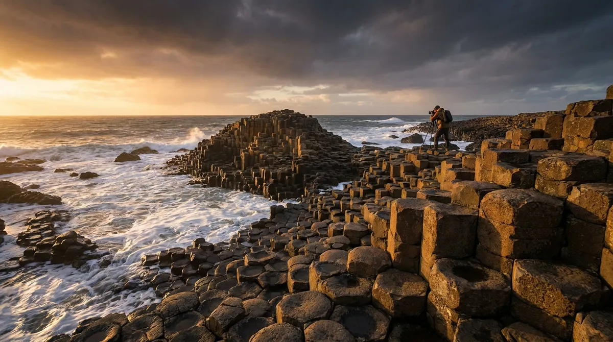 Sunrise over the iconic hexagonal basalt columns of the Giant's Causeway in Northern Ireland.