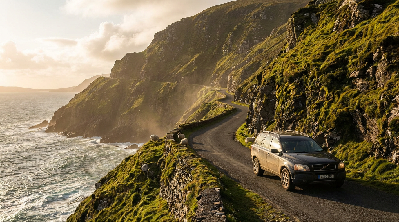 A modern car driving along the Wild Atlantic Way in Ireland with dramatic cliffs and ocean.