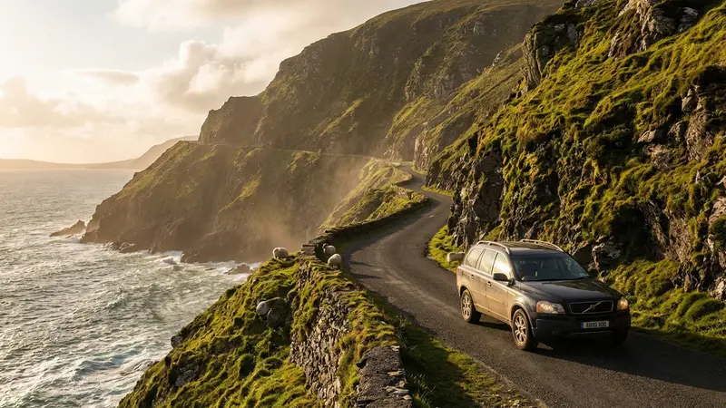 A modern car driving along the Wild Atlantic Way in Ireland with dramatic cliffs and ocean.