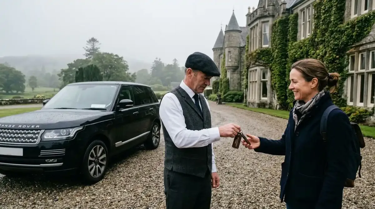 A seamless luxury car handoff at an Irish manor house, illustrating the stress-free logistics of a Celtic Vacations package.