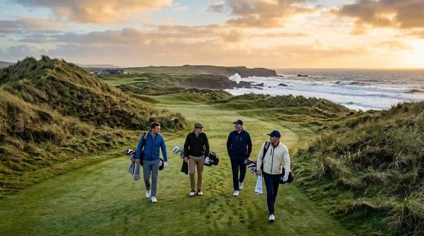 A small syndicate of luxury golfers walking a spectacular seaside links course along the coast of Ireland.