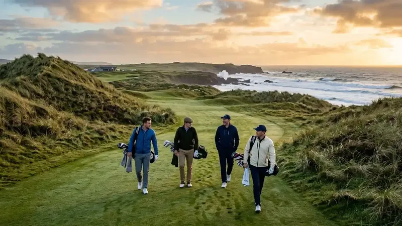 A small syndicate of luxury golfers walking a spectacular seaside links course along the coast of Ireland.