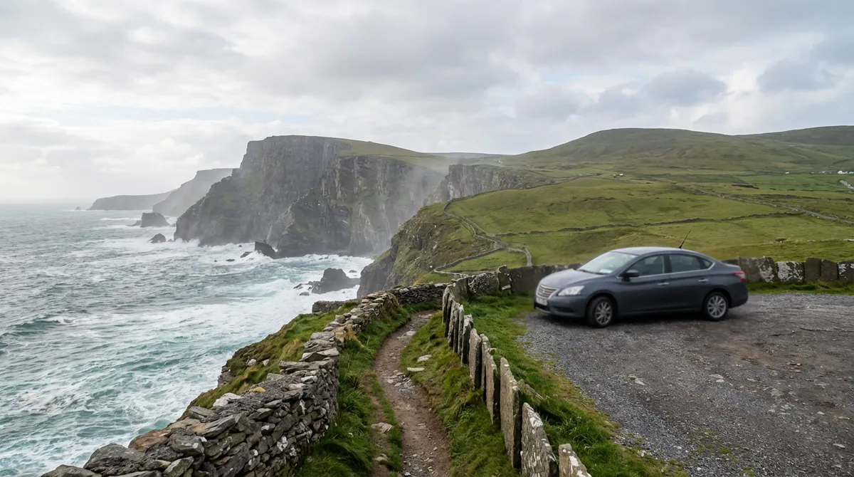 Modern rental car at a viewpoint overlooking the Cliffs of Moher