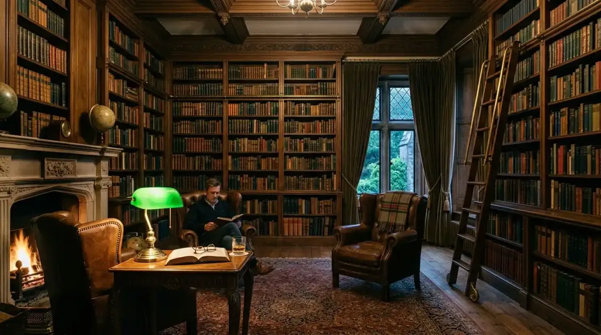 The elegant private library of a 5-star Irish castle hotel.