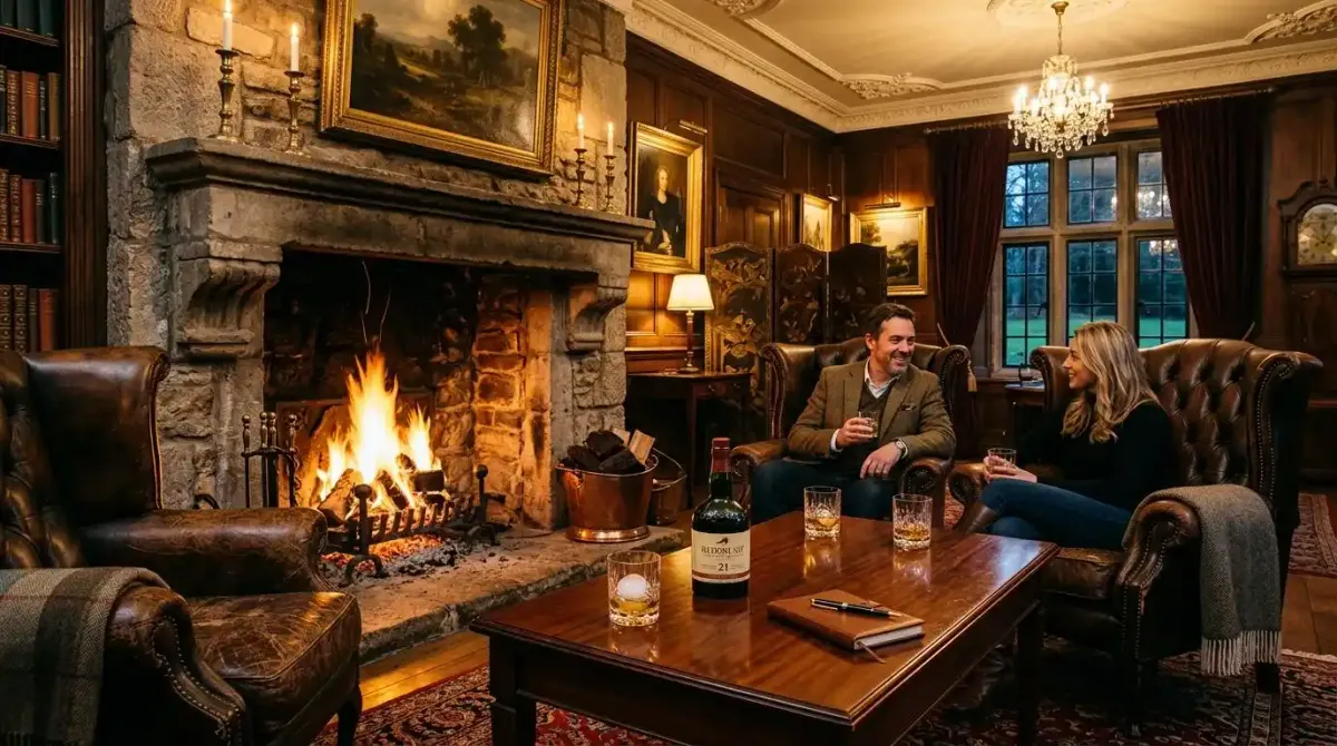 Inside a luxury private estate lounge configured for a private group golf holiday in Ireland.