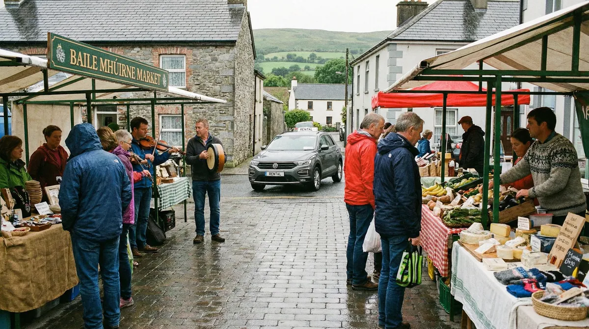 Vibrant local Irish farmers market with a modern rental car nearby