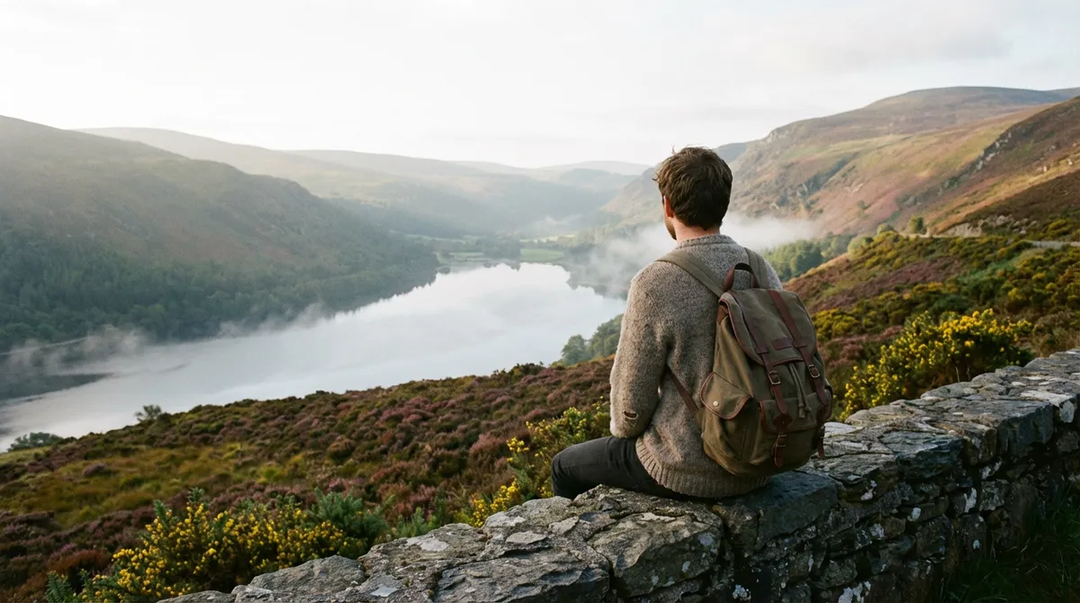 Person enjoying a quiet moment in a serene Irish landscape, practicing slow travel.