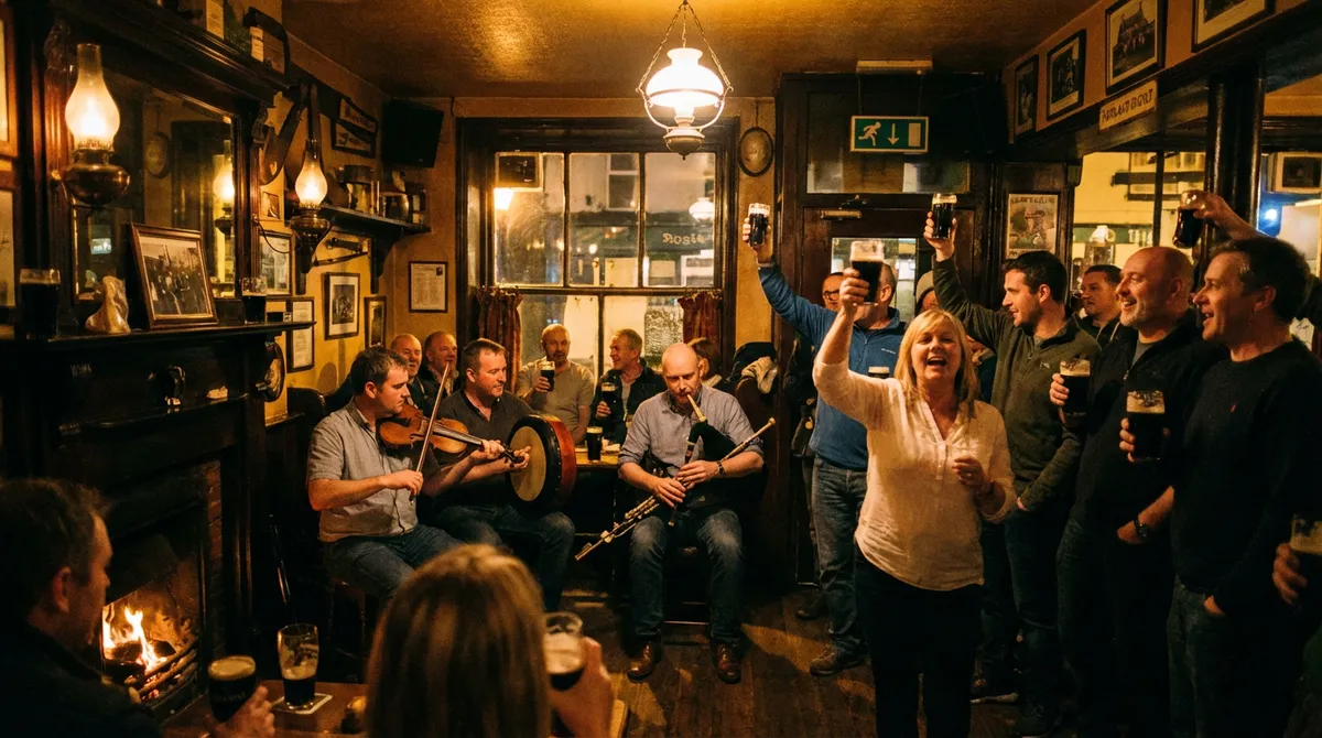 Traditional Irish pub interior with live music and patrons.